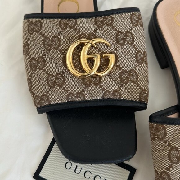 Gucci GG Jolie Leather-Trimmed Embellished Logo-Detailed Canvas Slides Size: 37 - Picture 3 of 11
